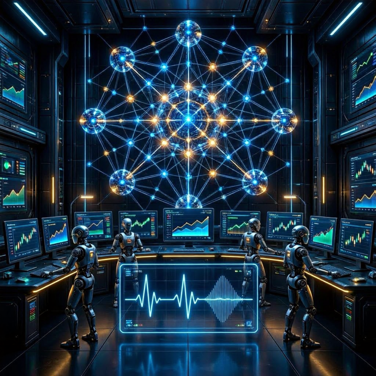 Futuristic AI command center with neural network and robotic agents