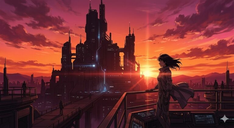 DeepSeek V4 anime-style fiery sunset cityscape
