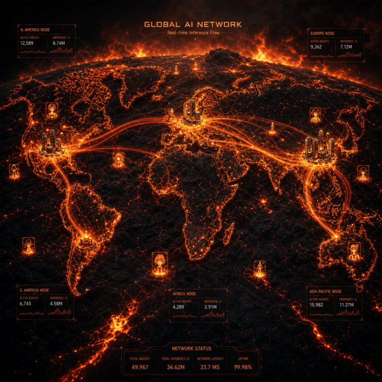 AI inference traffic across a global WAN in molten lava palette