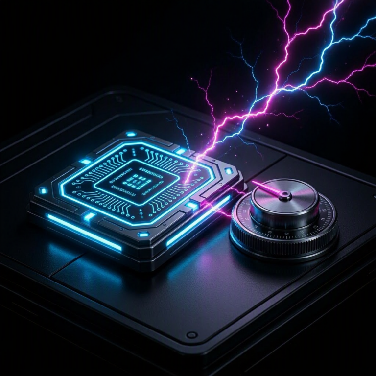 Glowing AI chip and a cost dial in magenta and cyan plasma light, evoking the AI efficiency shift