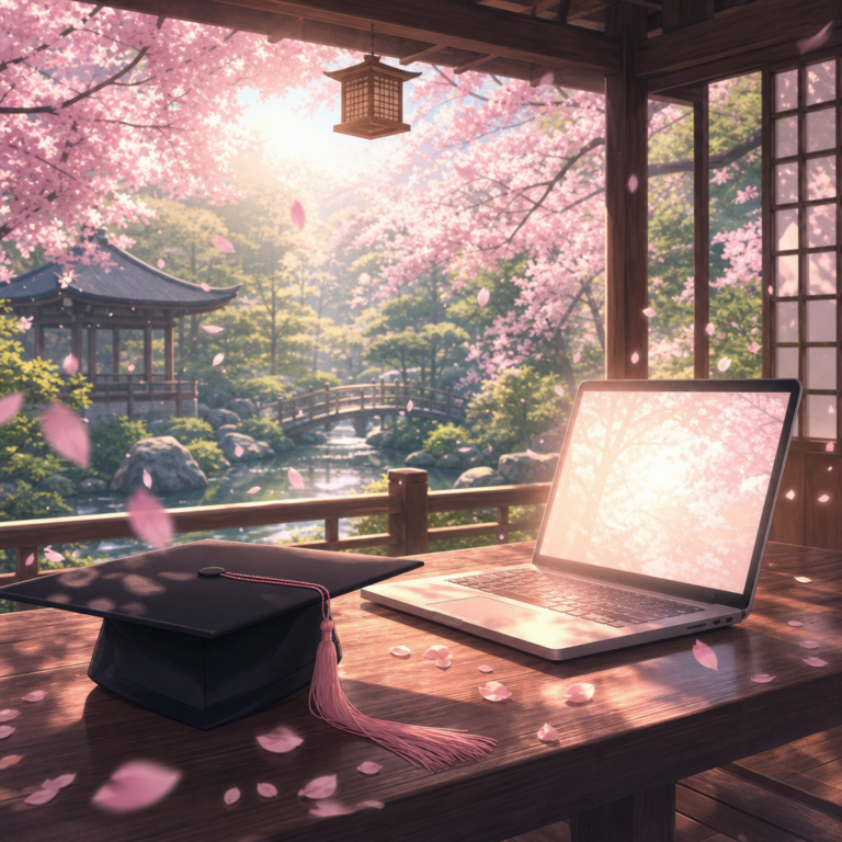 AI grade inflation: graduation cap and laptop among cherry blossoms