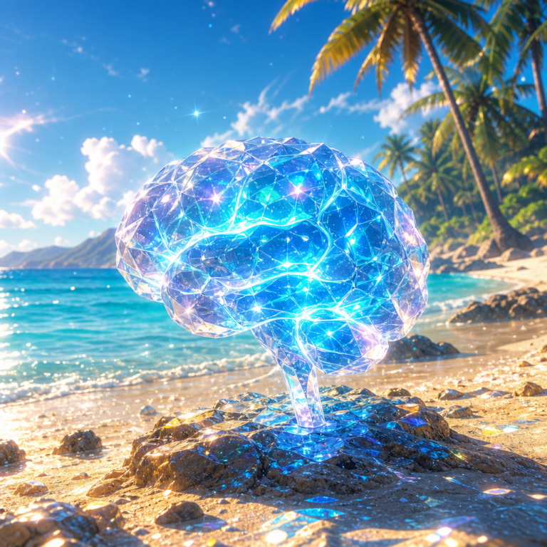 Glowing AI brain crystal on a golden tropical beach, summer beach palette