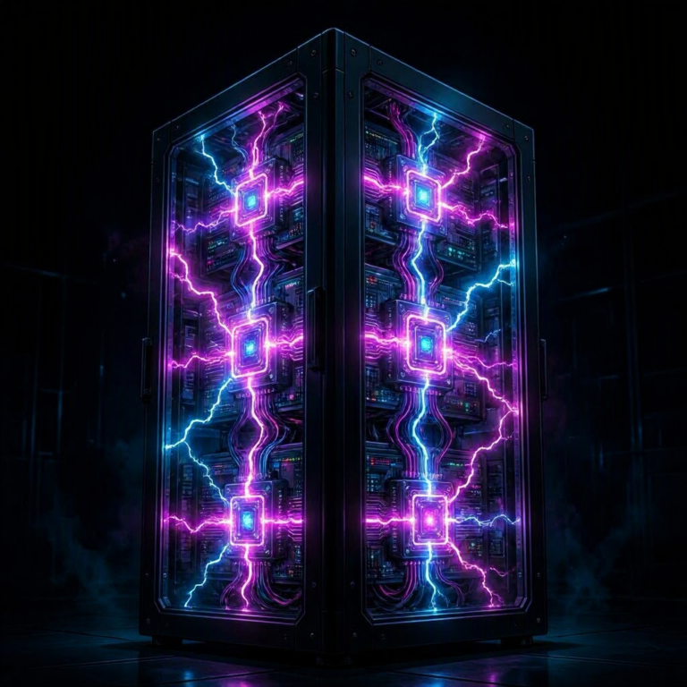 Glowing AI server rack with electric magenta and cyan plasma arcs in a dark lab
