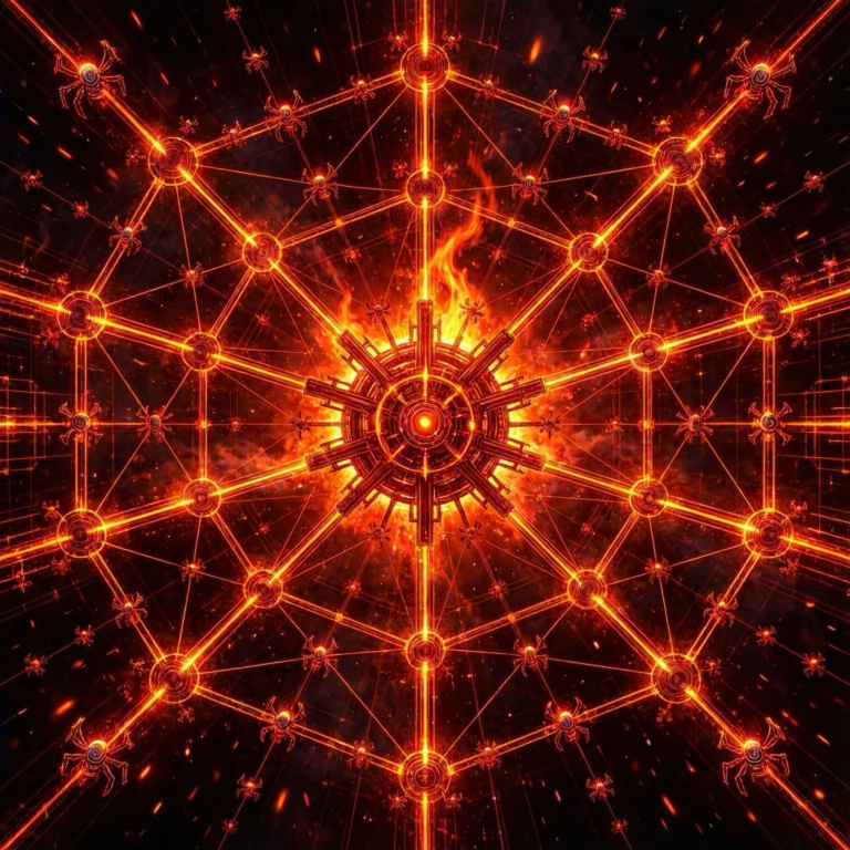 Anime-style illustration of Cisco Cloud Control unifying AI agents across a glowing enterprise network in a fiery crimson and amber palette.
