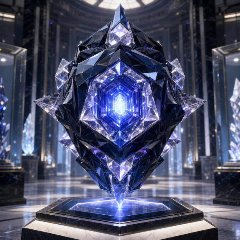 Claude Fable 5 crystalline AI core in a marble museum hall
