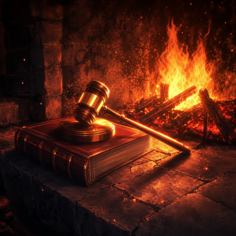 Legal gavel and law book by a bonfire, evoking Colorado AI Act delay