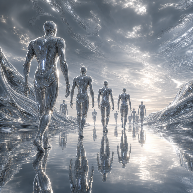 Silver AI figures departing across a mirrored chrome surface, evoking Google's AI brain drain