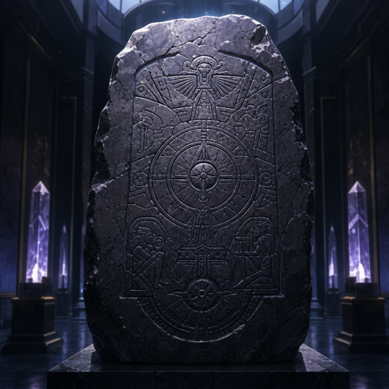 Linear A decipherment: ancient carved stone tablet in a museum hall