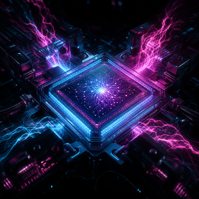 MAI-Code-1-Flash: glowing AI code chip with plasma arcs in a dark lab