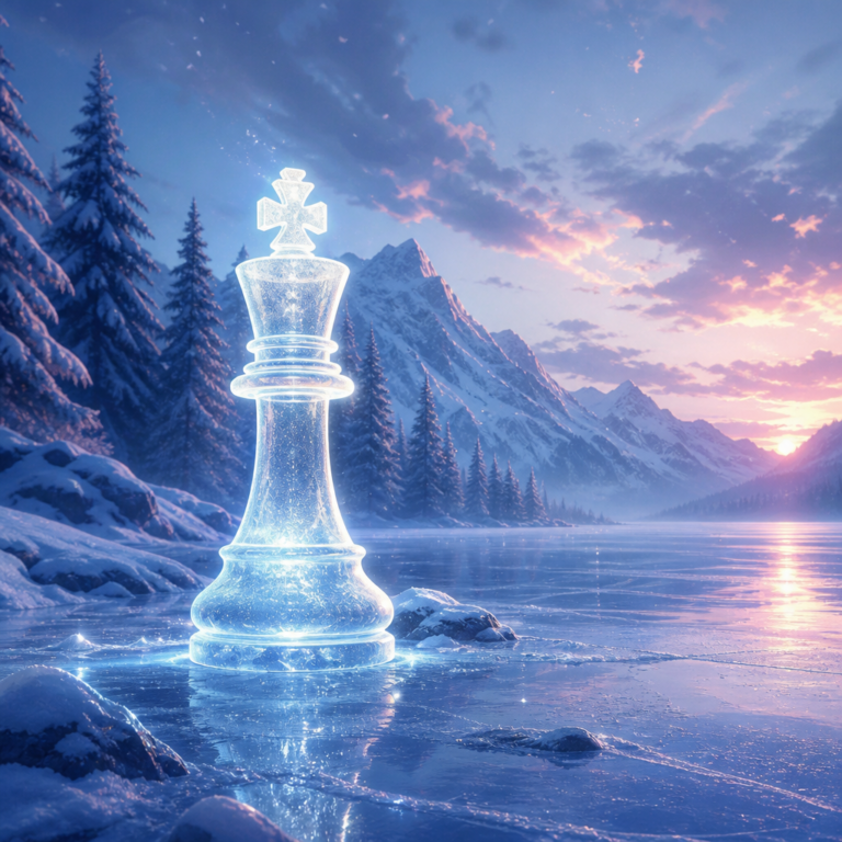 Noam Shazeer joins OpenAI: glowing chess king on a frozen lakeshore