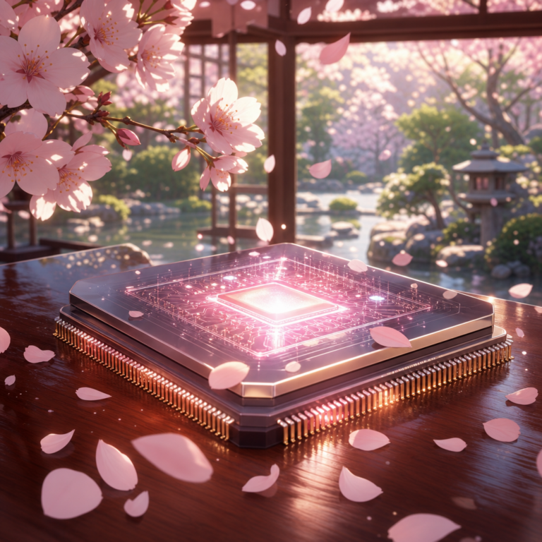 NVIDIA RTX Spark AI chip resting in a Japanese garden with cherry blossom petals