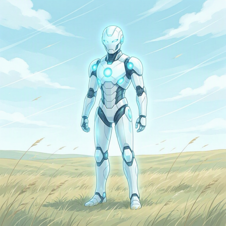 OpenAI Deployment Simulation concept: anime AI guardian on a windswept plain under a pale cirrus sky