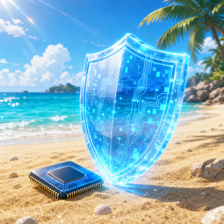 GPT-5.5-Cyber defensive AI shield and silicon chip on a sunlit beach