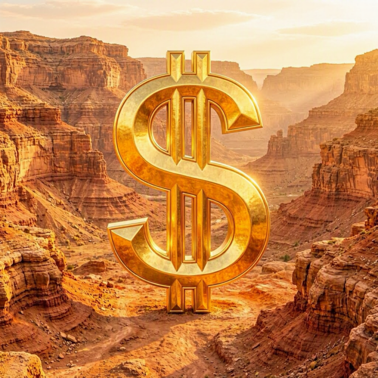 OpenAI IPO filing — golden dollar sign monument in a sunlit canyon