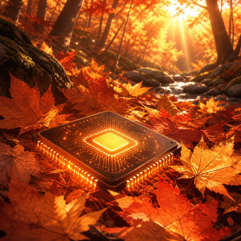 Qualcomm Tenstorrent acquisition: glowing AI chip among autumn maple leaves