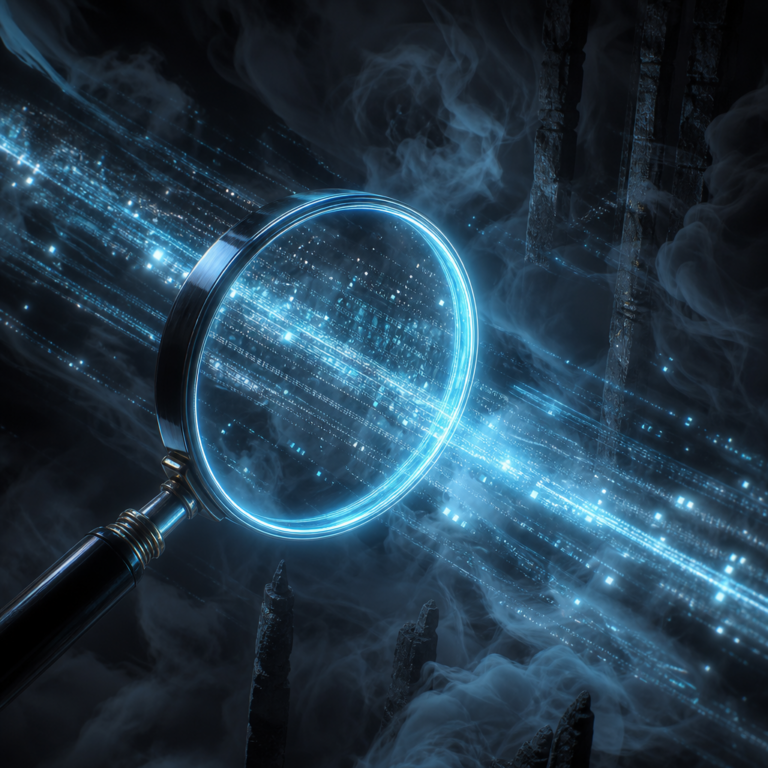 Glowing magnifying glass scanning data streams, representing search for AI agents