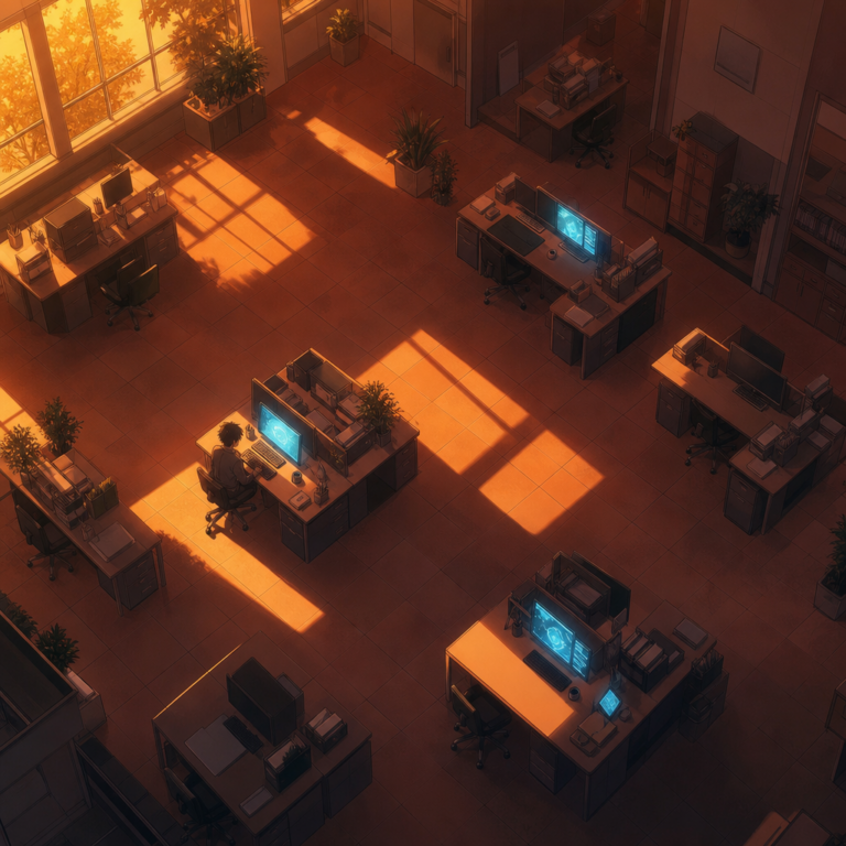Overhead view of a mostly empty office with a few AI-lit desks, evoking AI layoffs