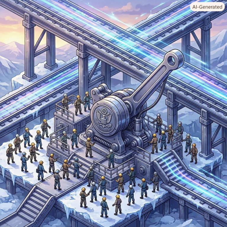 AI workers rally to pull a giant brake lever slowing a runaway AI machine