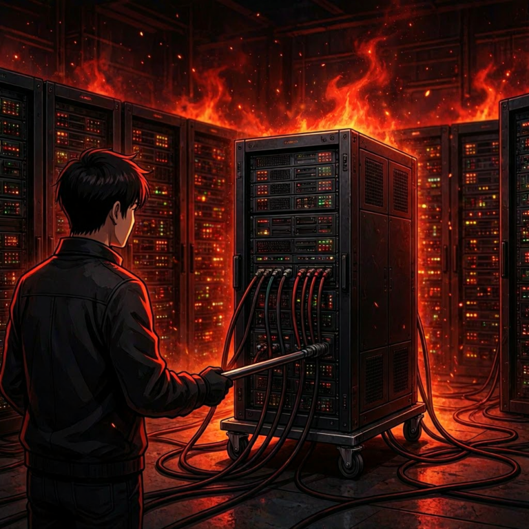 AMD Helios rack-scale AI system rolling onto a data center floor beside an existing rack