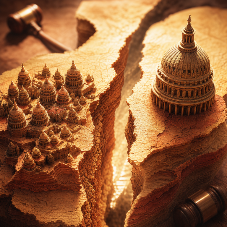 AI regulation split: statute page forking into state and federal capitol domes
