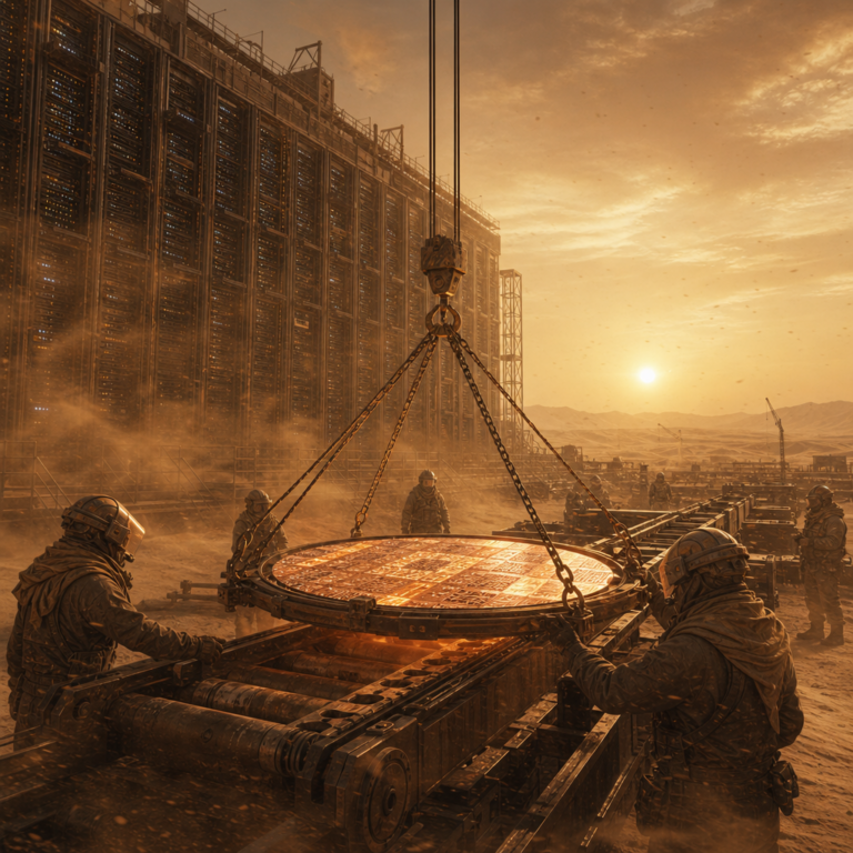 Anthropic custom AI chip — engineers lift a glowing wafer in a desert foundry as rented server racks power down