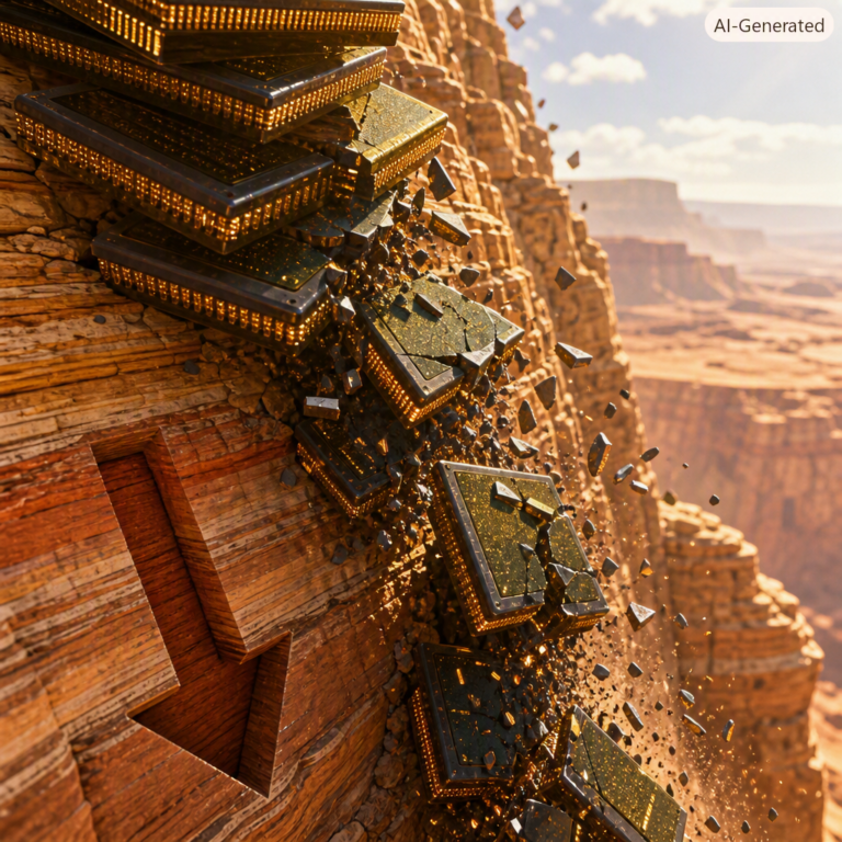 Stack of high-bandwidth memory chips tumbling down a canyon cliff amid an AI chip selloff