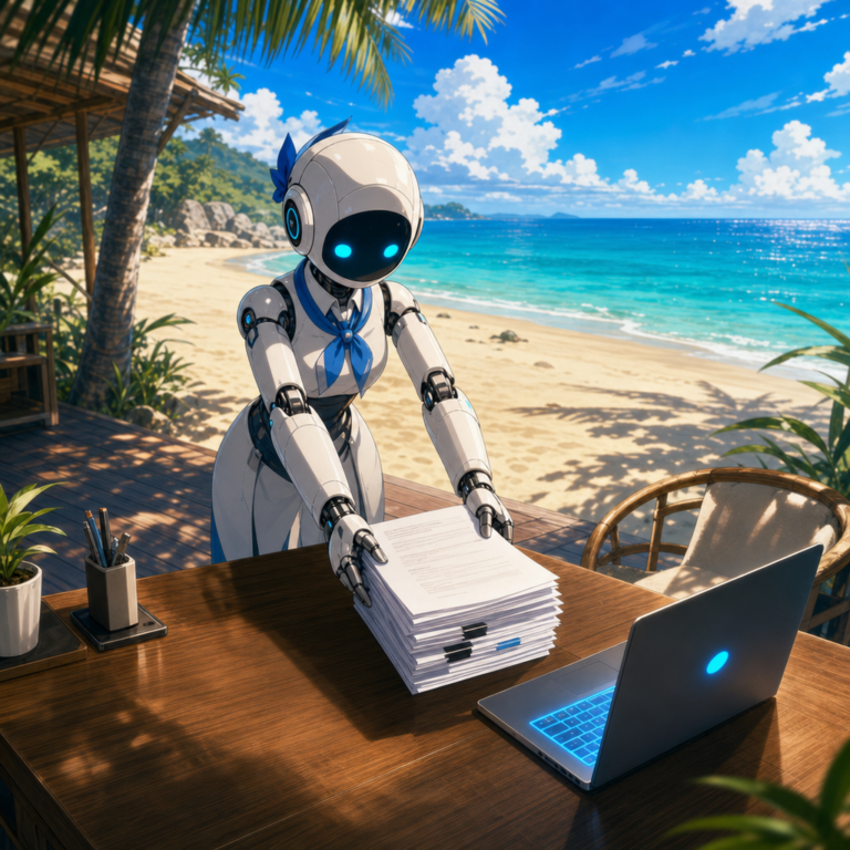 ChatGPT Work enterprise AI agent delivering finished documents and a laptop on a sunlit beach
