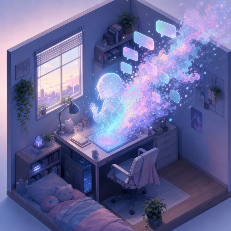 AI companion avatar dissolving into vapor on a desk, evoking China's AI companion law shutting down Doubao and Qwen agents