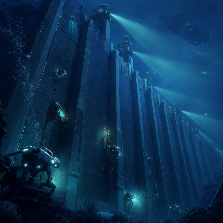 Fortified undersea wall scanned by teal beams and repaired by robots, evoking Cisco AI security hardening