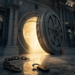 Granite vault door swinging open with a broken chain on the floor, evoking the US lifting export controls on Claude Fable 5