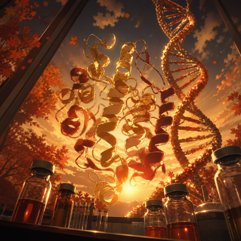 Glowing protein structure and DNA helix above a lab bench of medicine vials, evoking Anthropic Claude Science drug discovery