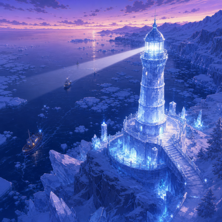 Ice-crystal lighthouse beaming light to tiny boats at arctic twilight, evoking Claude Sonnet 5 as the new default