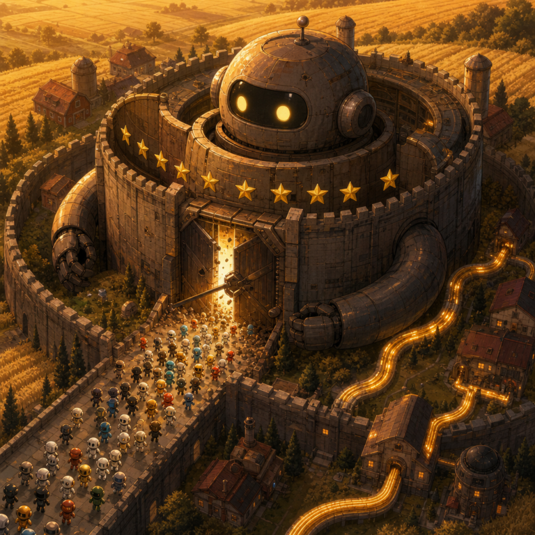 Google Android AI assistants opening to rivals under EU order, isometric citadel scene