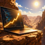 GitHub Copilot billing shift shown as a glowing laptop with code and a rising cost arrow on a canyon rock ledge