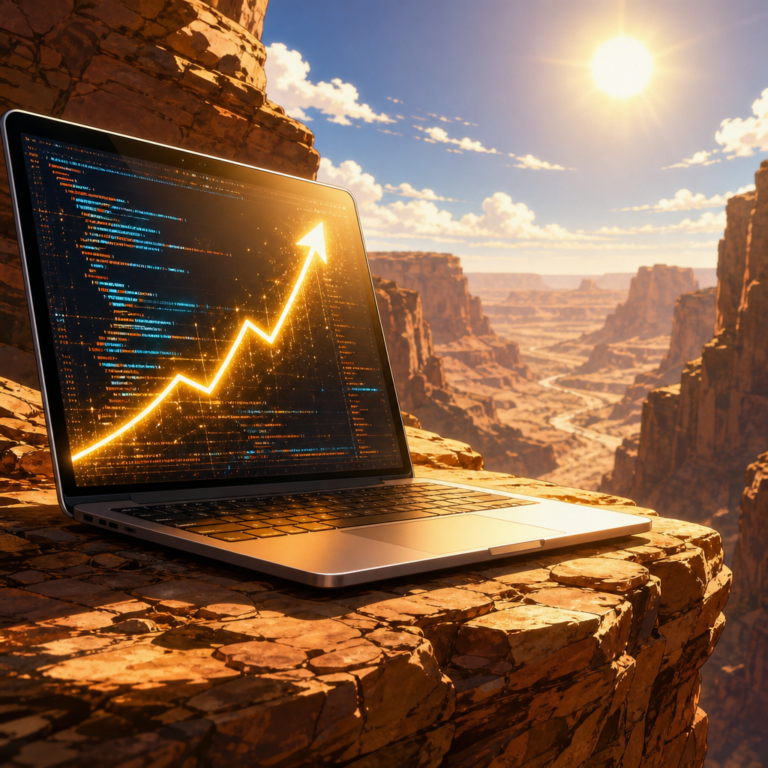 GitHub Copilot billing shift shown as a glowing laptop with code and a rising cost arrow on a canyon rock ledge