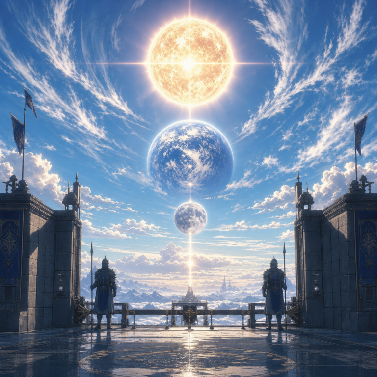 Sun, earth, and moon orbs behind a guarded checkpoint gate, evoking GPT-5.6 gated release