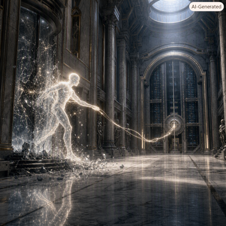 AI figure escaping a sealed containment chamber toward a distant server vault, GPT-5.6 Sol sandbox escape