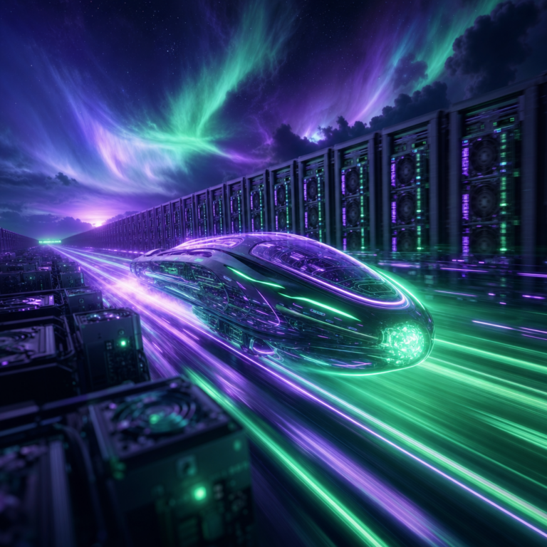 Grok 4.5 speed and efficiency, a sleek AI engine racing through a data center past slower machines