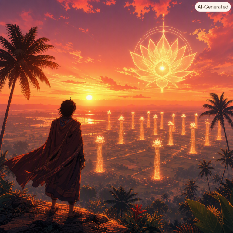 IndiaAI Mission sovereign AI models as twenty glowing lotus-topped pillars at sunset