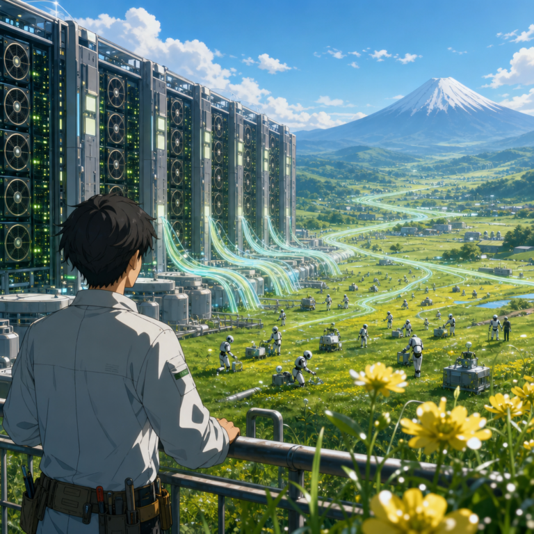 Japan national AI infrastructure: engineer overlooking an AI factory powering humanoid robots near Mount Fuji