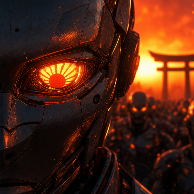 Japan sovereign AI: a humanoid robot with a glowing rising-sun core, robots behind