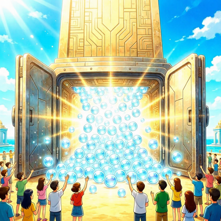 Kimi K3 open model released to the public, glowing knowledge orbs pouring from an open vault