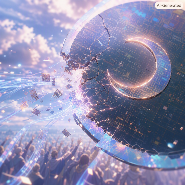 Macro of a crescent moon wafer cracking open to release glowing data shards, Kimi K3 open weights release