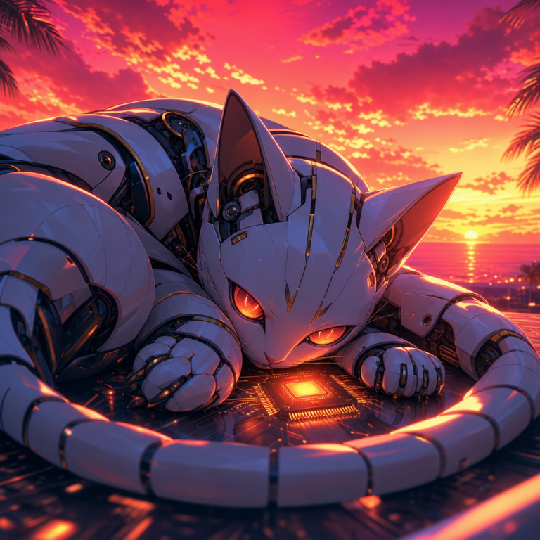 Robotic cat curled around a glowing microchip at tropical sunset, evoking LongCat-2.0 built on domestic Chinese chips