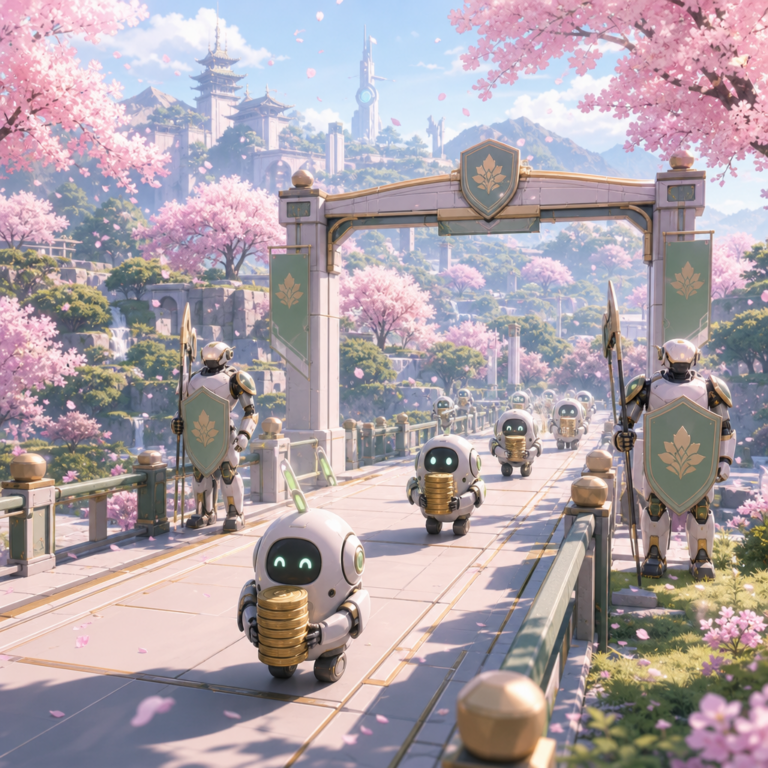 MAS SAFR guardrails: robot finance agents on a guarded railed path through a cherry-blossom garden