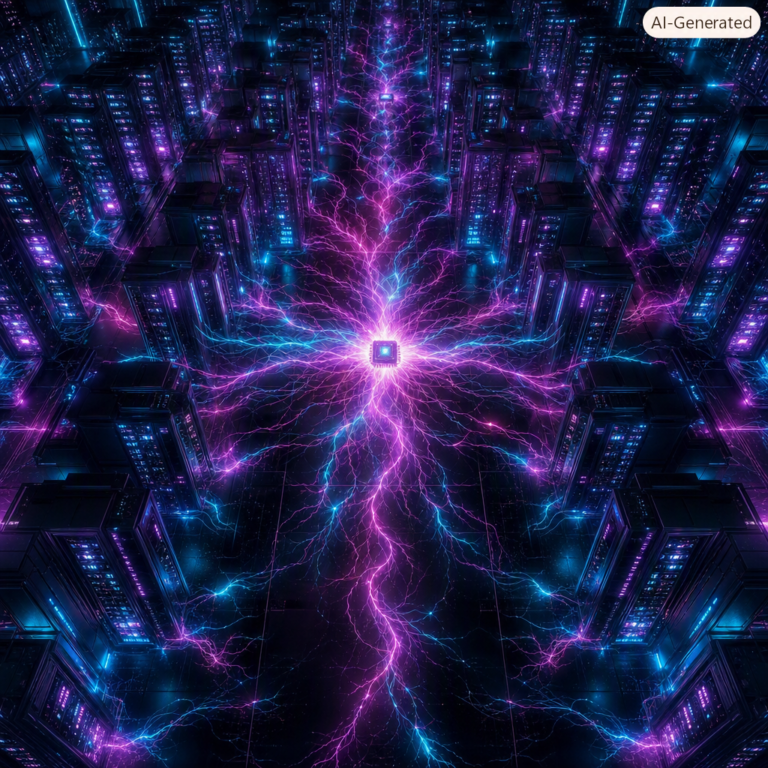 A single glowing microchip powering a vast data center floor, MediaTek cloud AI chips