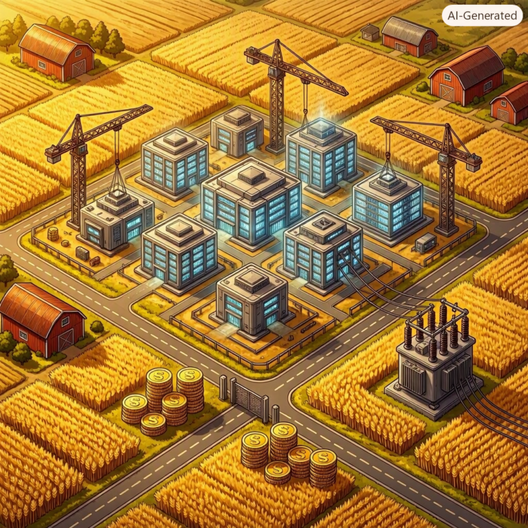 Isometric AI data center megacampus under construction on farmland with cranes and giant coins, Nvidia OpenAI deal