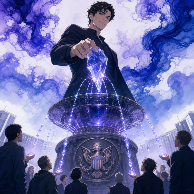OpenAI government stake concept, equity shard poured into a public sovereign wealth fountain