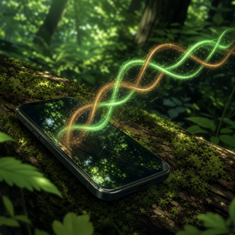 GPT-Live full-duplex voice: two glowing sound waves braiding together over a mossy forest log