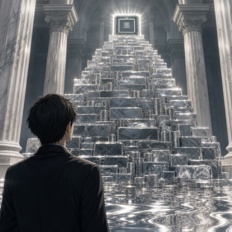 SambaNova AI chip valuation surge, silver ingots rising toward a glowing processor chip